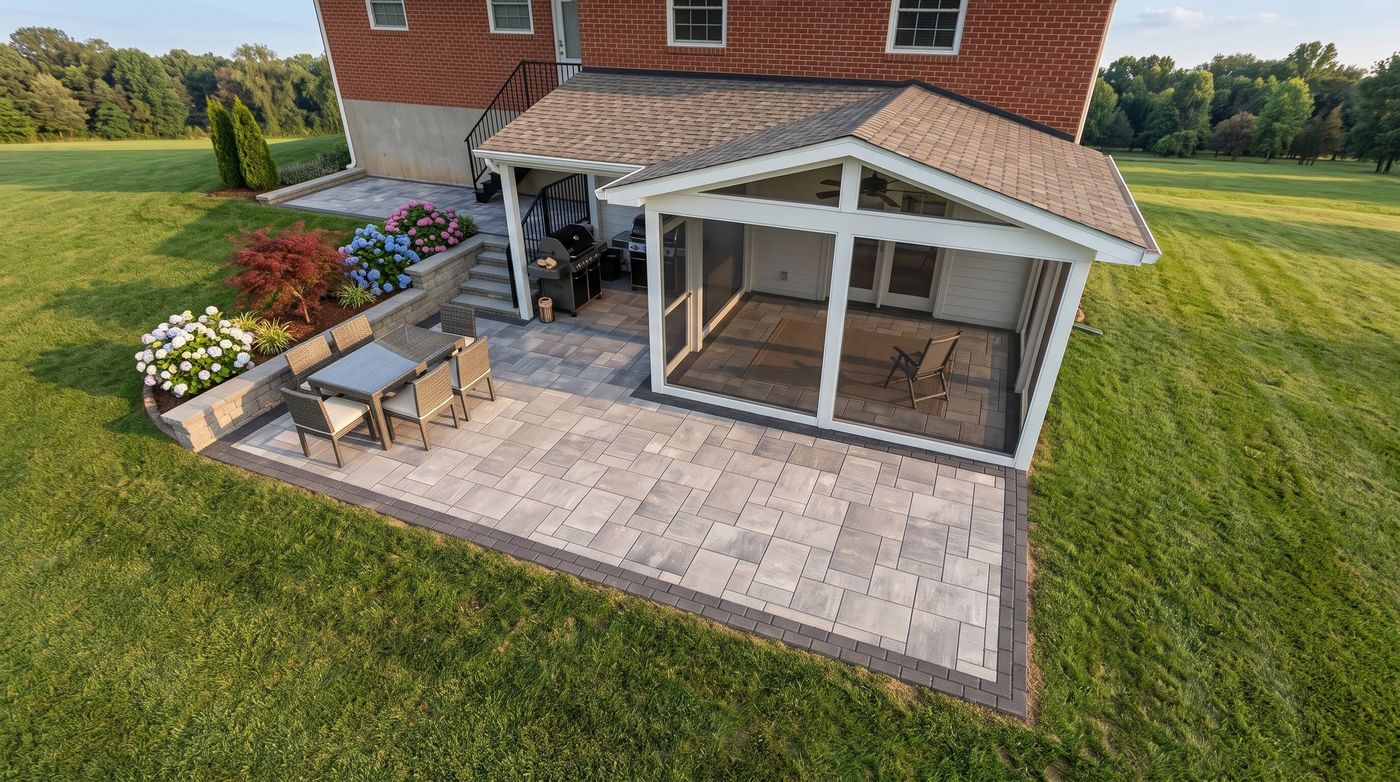 Design visualization of a paver patio with screened room and planting