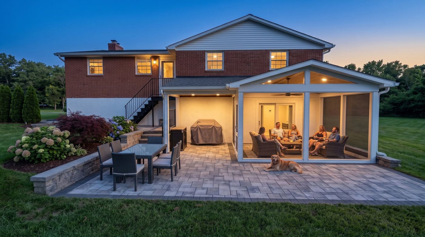 Design visualization of a screened room and patio at dusk