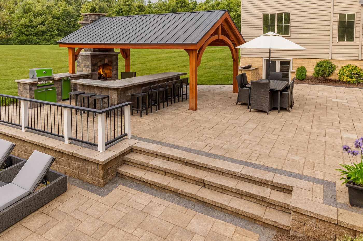 Design visualization of a timber pavilion with outdoor kitchen, bar and dining patio