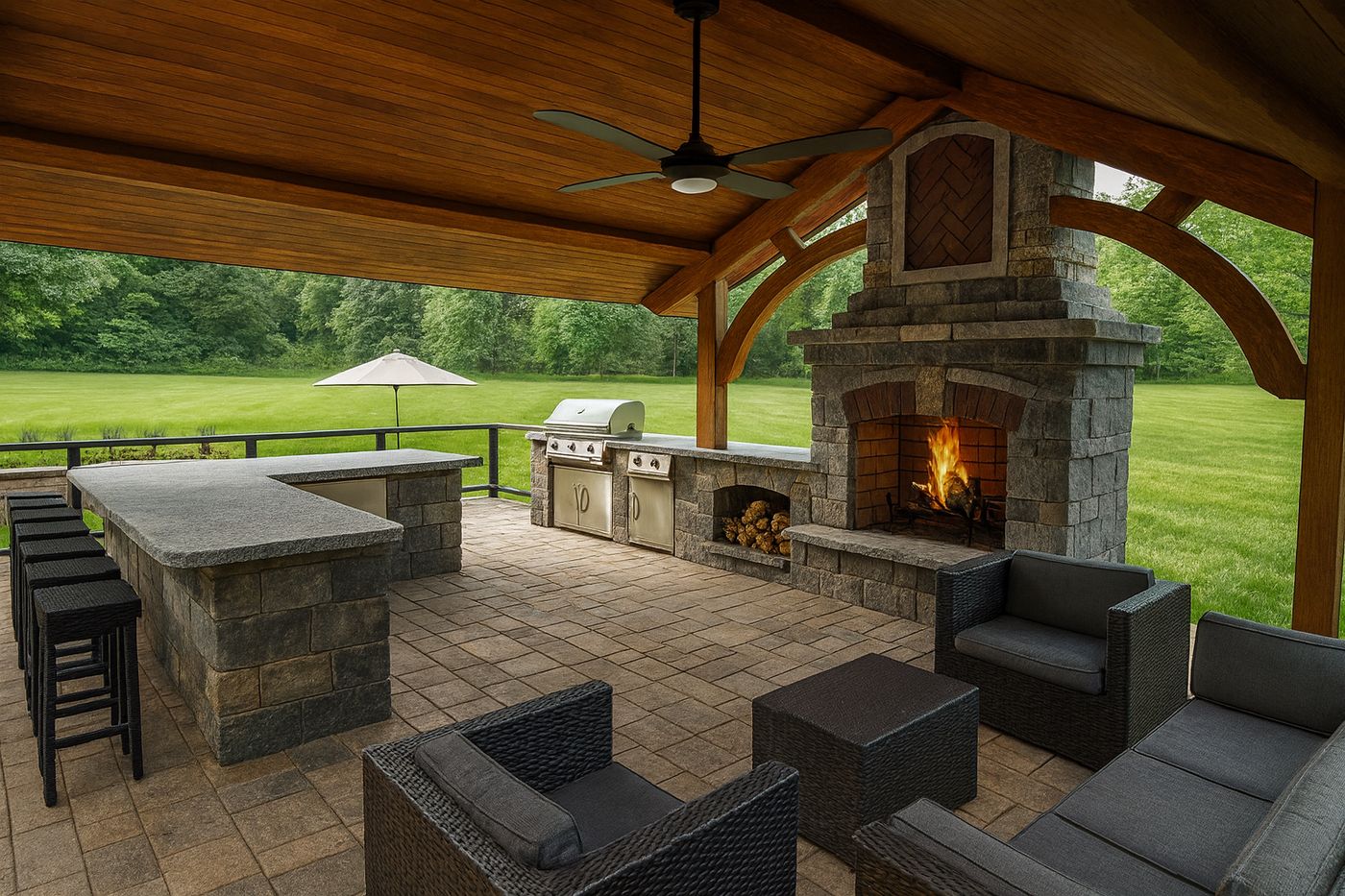 Design visualization of a covered outdoor kitchen and lounge with stone fireplace