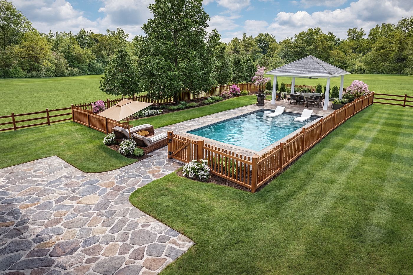 Design visualization of a rectangular pool with gazebo, fencing and stone path