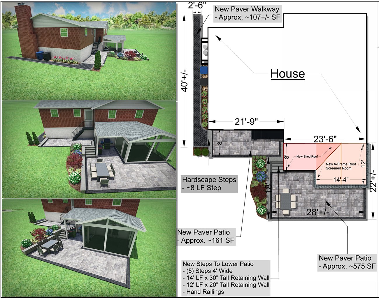2D site and hardscape layout with dimensions, patio areas, steps and walkway