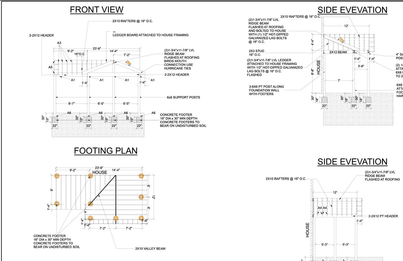 Build plan sheet with front view, side elevations and footing plan