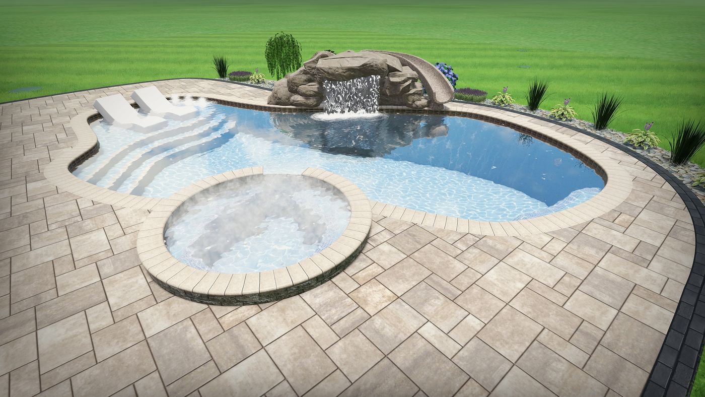 3D rendering of a freeform pool, spa and waterfall before enhancement