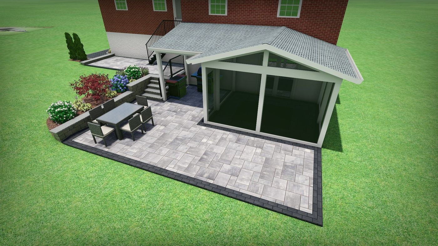 3D design rendering of a paver patio and screened room